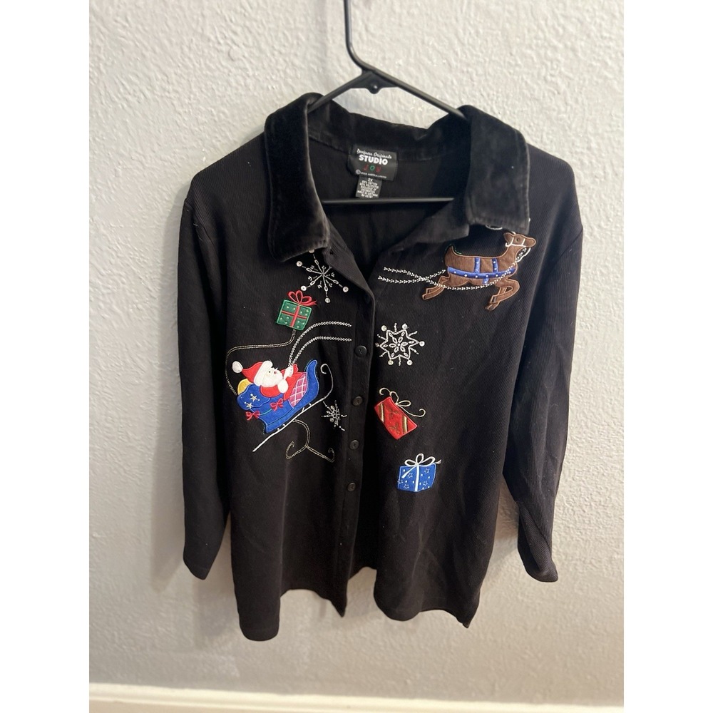 Studio Joy Women Size 2X Button Up‎ Christmas Designers Originals Black